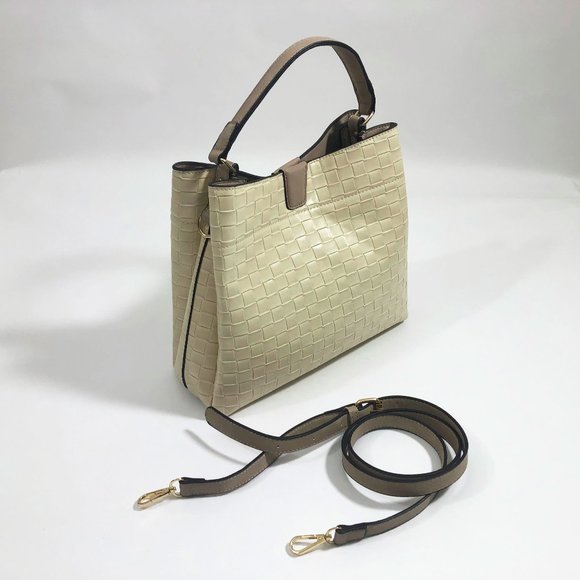 Jen & Co Tati Satchel Cross Body Bag Vegan Leather Beige Woven Pattern - Picture 2 of 9